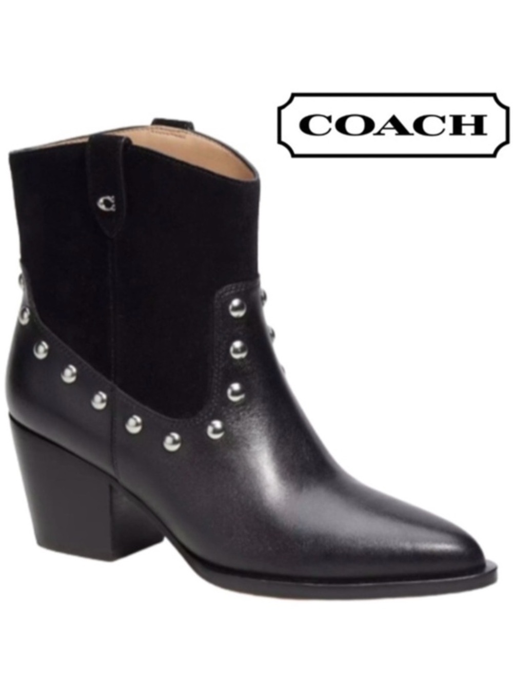 NWT COACH Women’s Booties size 11, Pauline Black Leather Suede Studded Western
